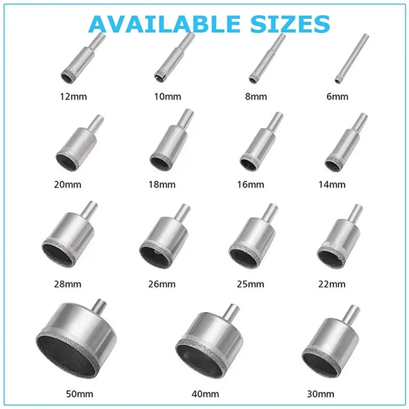 A23T 15PCS Diamond Hole Saw Kit 6-50mm Hollow Core Drill Bits for Drilling Glass Stone Tile Bottles, Silver