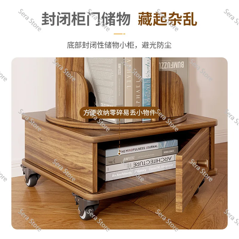 Rotating bookshelf 360-degree floor shelf storage picture book rack household student with wheel movable simple bookcase