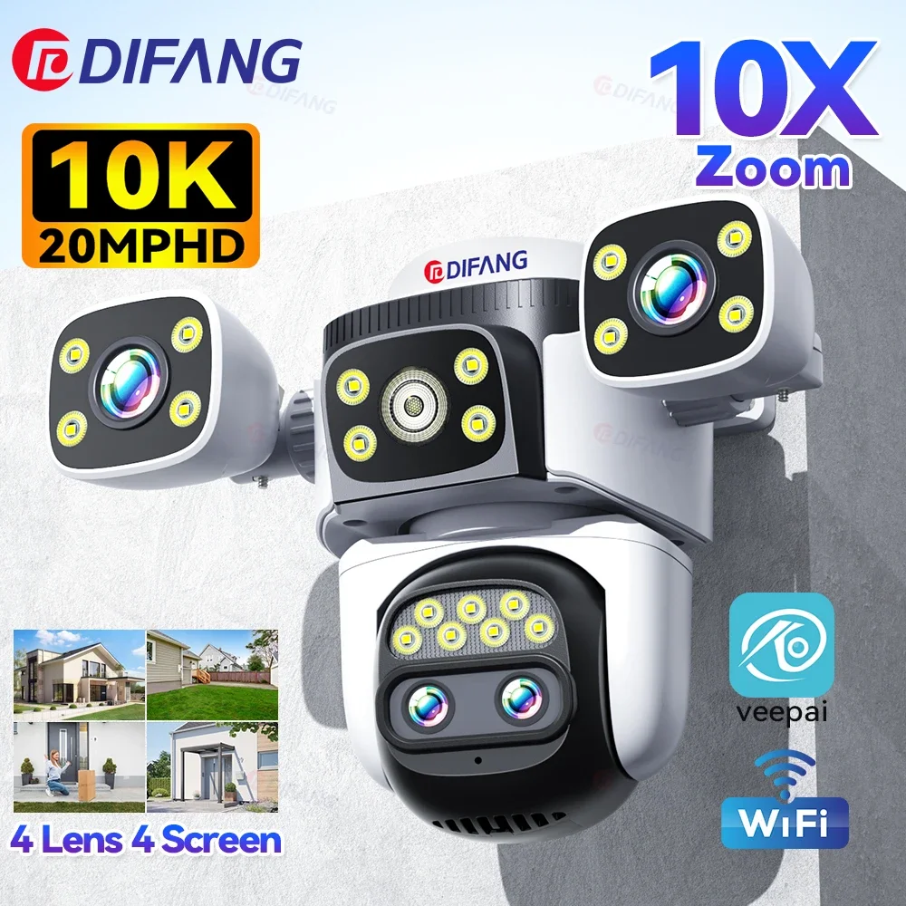 

10K-UHD 20MP WiFi Wireless Outdoor Camera 10X Zoom Four Screen Four Lens PTZ AI Automatic Tracking Waterproof Security IP CCTV