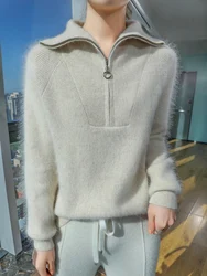 Women's Zippers Sweater Pullover Autumn Winter Polo Collar 100% Mink Cashmere Knitwear Thick Raglan Sleeve Striped Clothing Tops