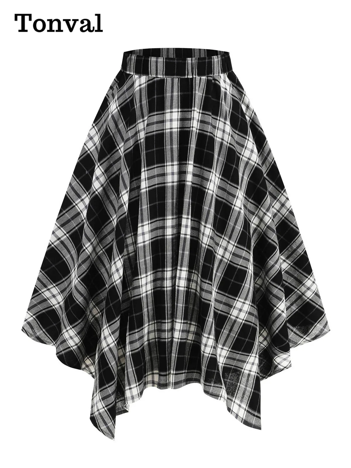 Tonval Tartan Vintage Dames Asymmetrische Zoom Midi Rokken Elastische Taille Elegante Kerstfeest Geruite Rok
