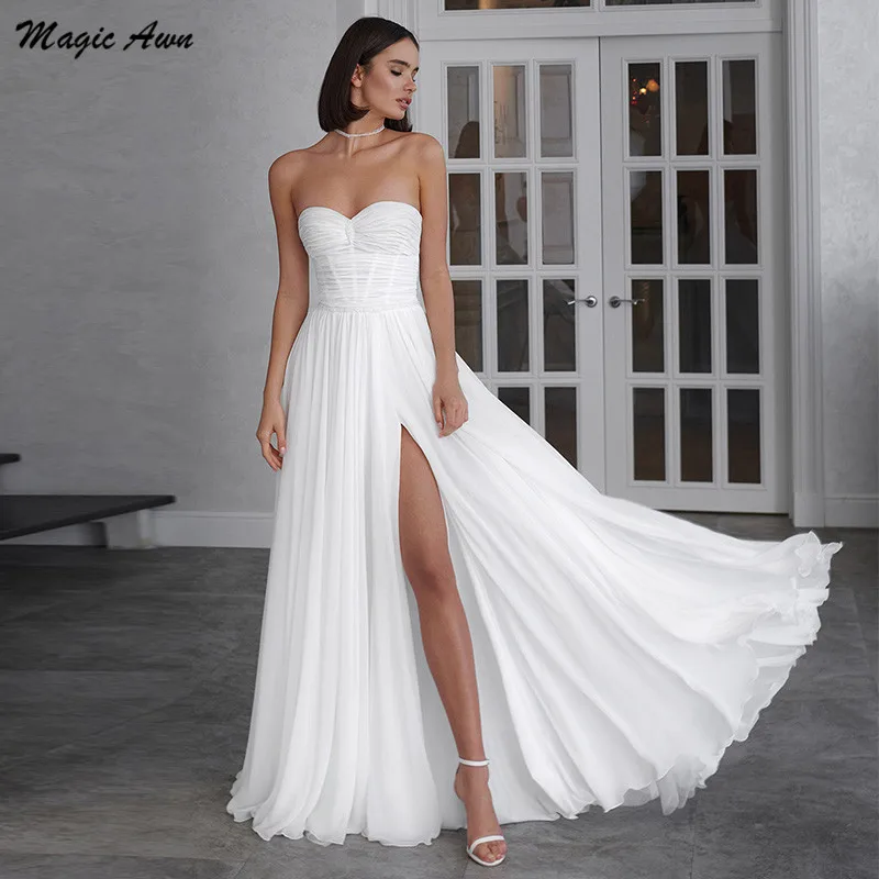 

Magic Awn Sweetheart Chiffon Wedding Dresses Boho Side Split Pearls Beaded Lace-Up Back Bridal Gowns A-Line Abito Da Sposa