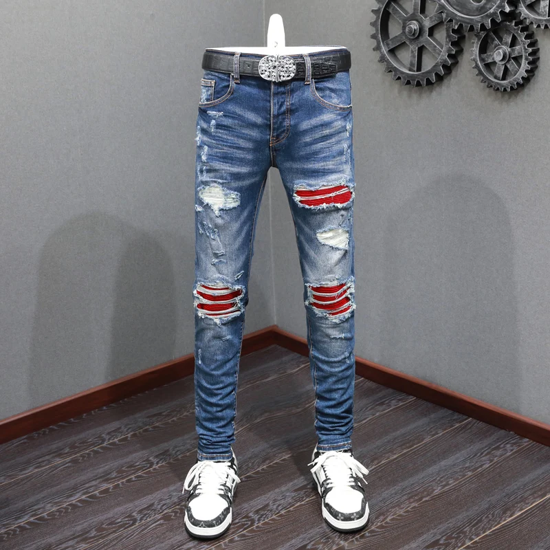 

High Street Fashion Men Jeans Retro Blue Stretch Skinny Fit Ripped Jeans Men Red Patched Designer Hip Hop Brand Denim Pants