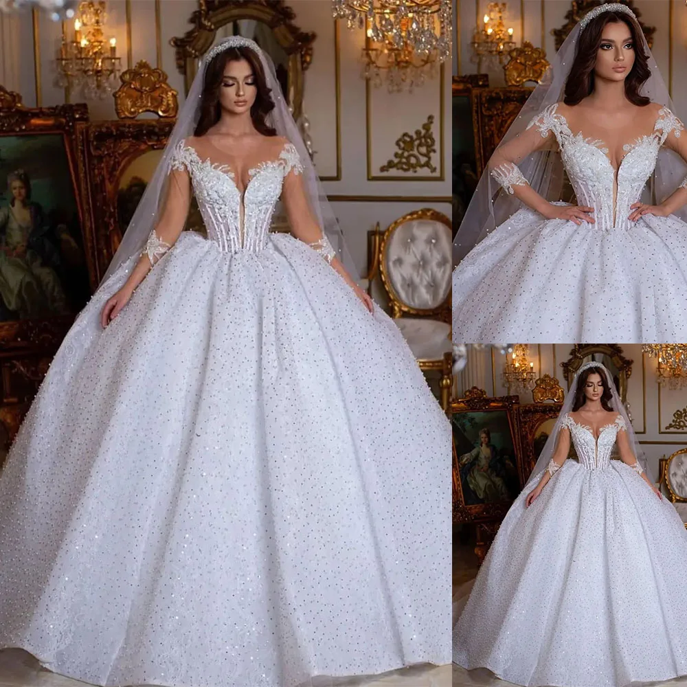 

Princess Ball Gown Wedding Dresses Full Beading Long Sleeve Flower Lace Bridal Gown Saudi Arabic Pearls Puffy Bride Dress