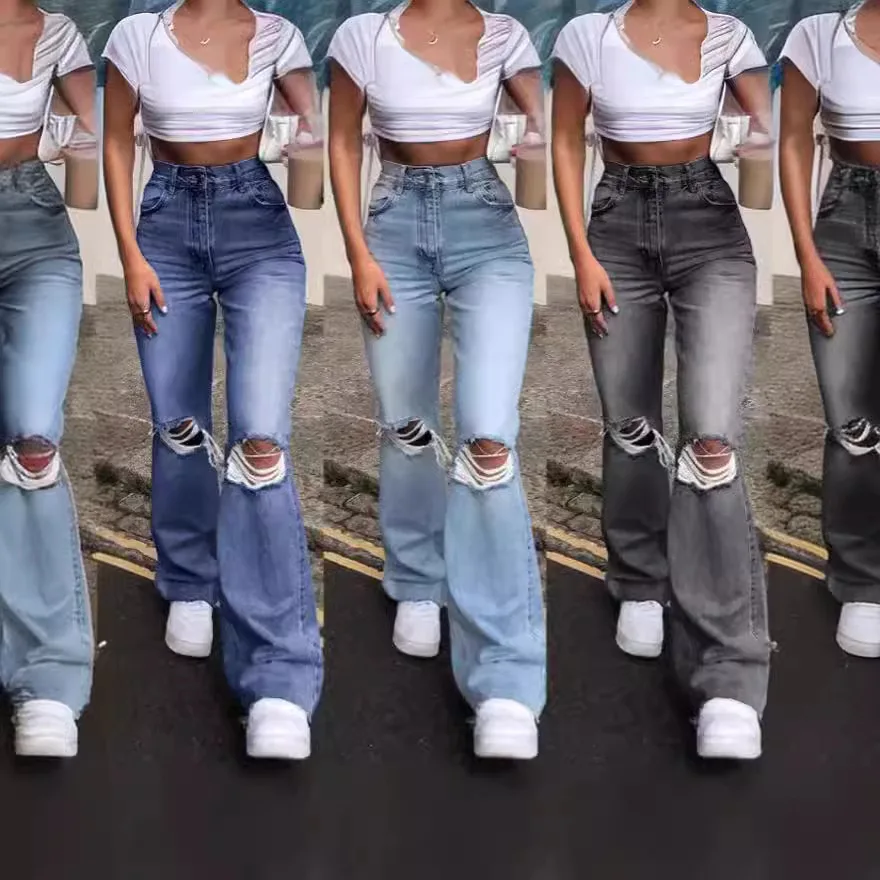 Calças de ganga feminina, calça jeans casual com bolsos, cintura alta, botão de zíper, calça jeans, perna larga, vintage, buraco, básico, 2024