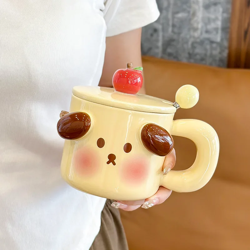 Kawaii Big Ears tazza in ceramica con coperchio e cucchiaio, tazza per l\'acqua domestica, cartone animato, colazione per ragazza carina, latte,