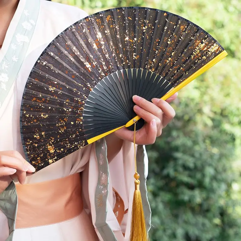 Antiquity Folding Fan Chinese Classical Sprinkle Gold Silver Exquisite Hand Fan Hanfu Cheongsam Ventilador Catwalk Photo Props