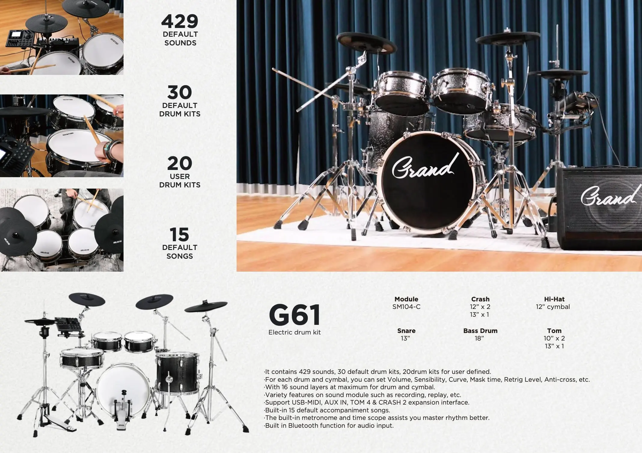 2026 New Digital Electric Drum Set Compact 30PCS Default Drum Kits Electronic Drum with 429 Sounds