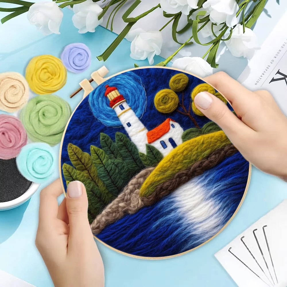 

GATYZTORY 20x20cm Frame Wool Felt Kits Painting DIY Wool Embroidery Seaside Landscape Needle Felt Picture Kit Craft Paintings