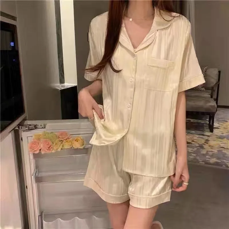 Women\'s Pajamas Sets Satin Silk Pyjama Summer Pijama Mujer Pjs Casual Sleepwear Short Sleeve Shorts 2 Piece Loungewear Homewear