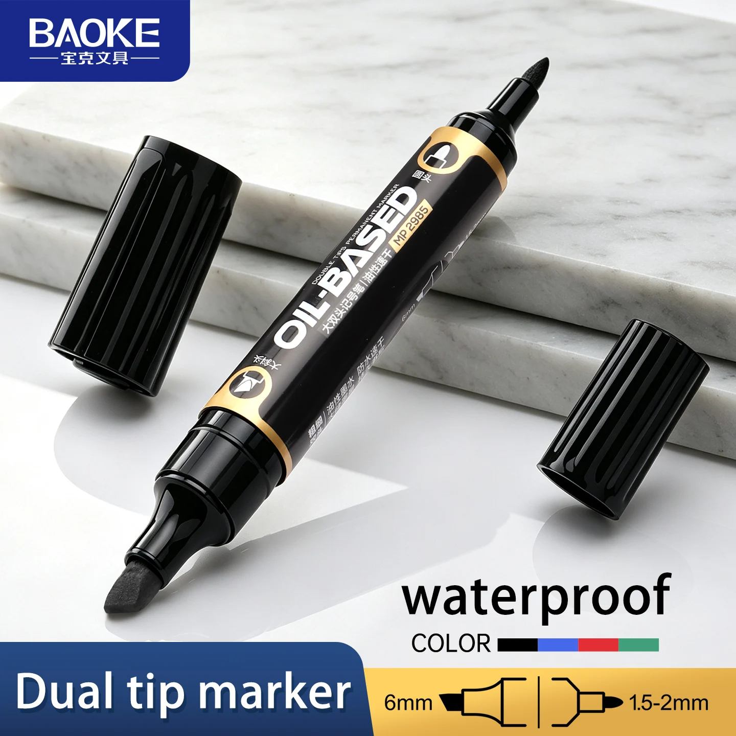 BAOKE MP2985 Dual Tip Permanent Marker Oil Based Black/Blue/Red/Green Ink Color for Multi-surface Marking Graffiti Stationery