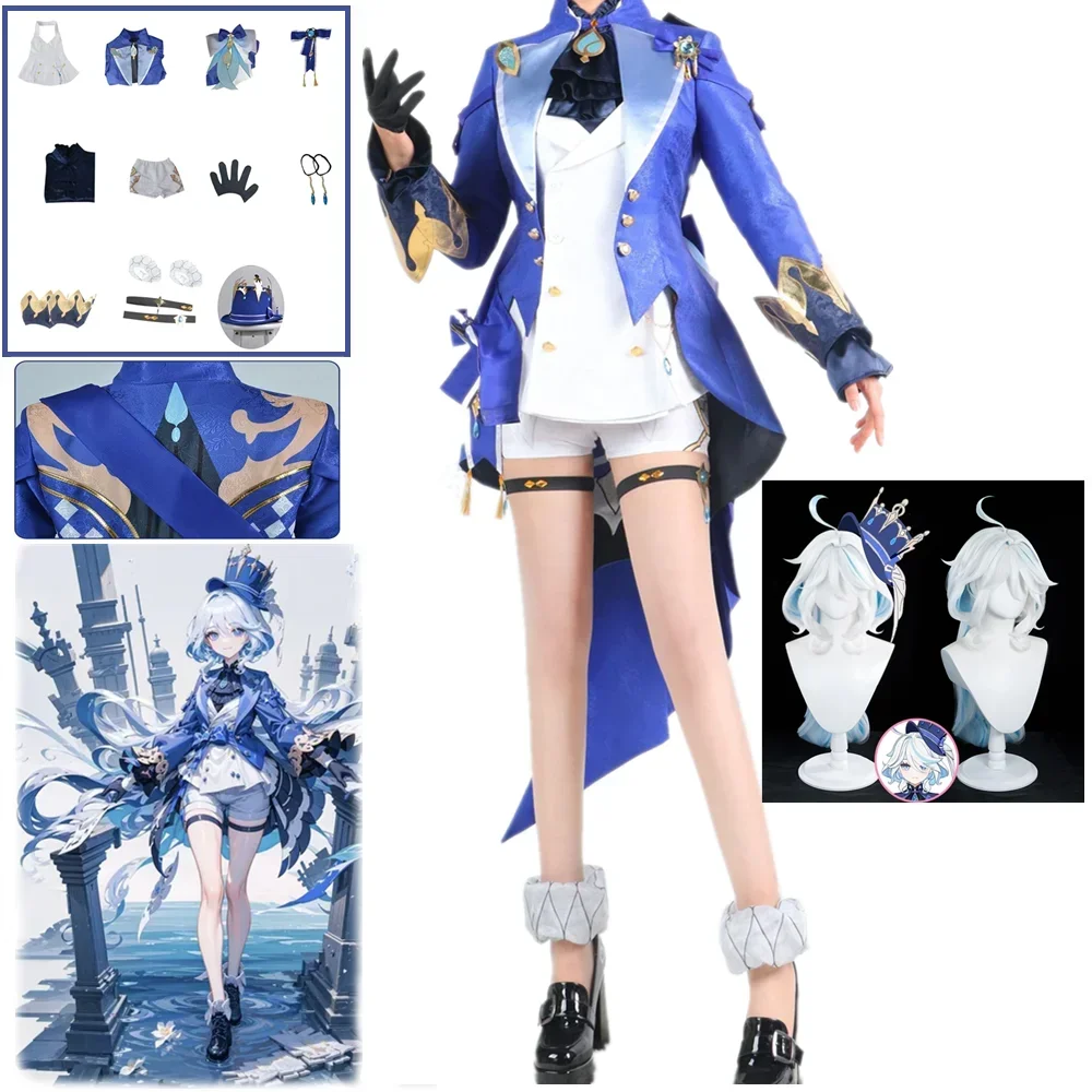 

Game Genshin Impact Focalors Cosplay Costume Fontaine Furina Uniform Pants Hat Bow Wig Outfit Halloween Carnival Women's Suits