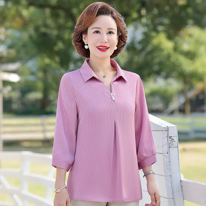 Female Clothing Fashion Turn-down Collar Striped Printed Blouse Korean Vintage Commute Casual Button Shirt Tops