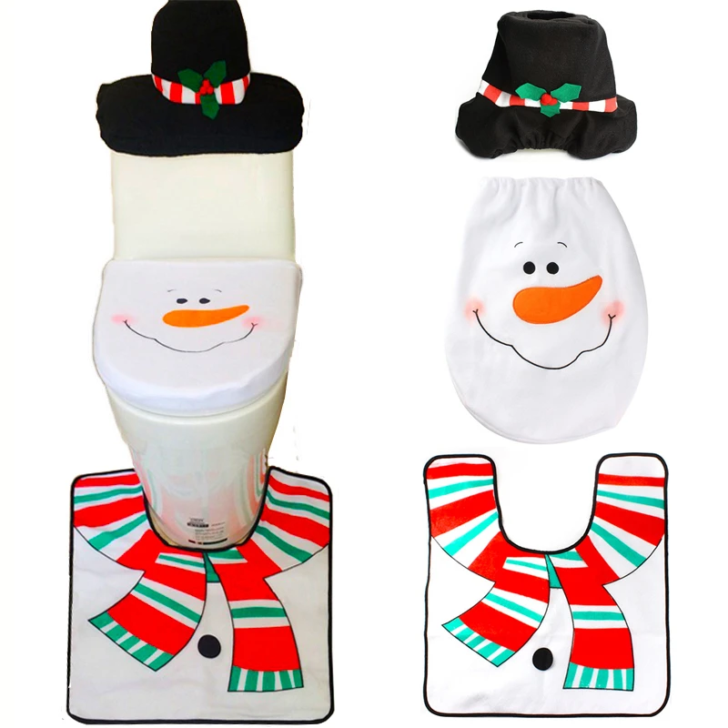 1Sets Christmas Decorations Xmas Toilet Cover and Rug Washroom Set Snowman Decorative Toilet Covers Lids Promotions