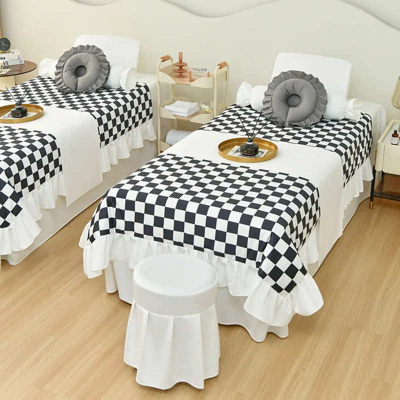 Classic Chessboard Beauty Salon 4 Pcs Bedding Sets Massage Spa Bedskirt with Hole Stoolcover Pillowcase Duvet Cover Sets