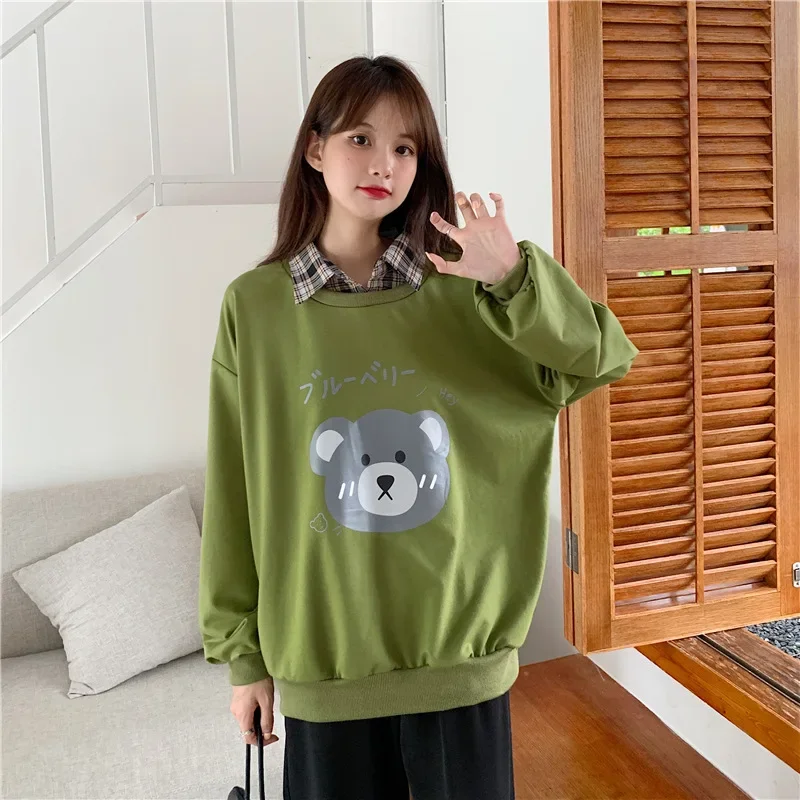 Teddy Bear Fake Two Piece Women Sweatshirts Spring Autumn Cute Cartoon Long Sleeve Lapel Pullover Preppy Style Green Sweatshirts