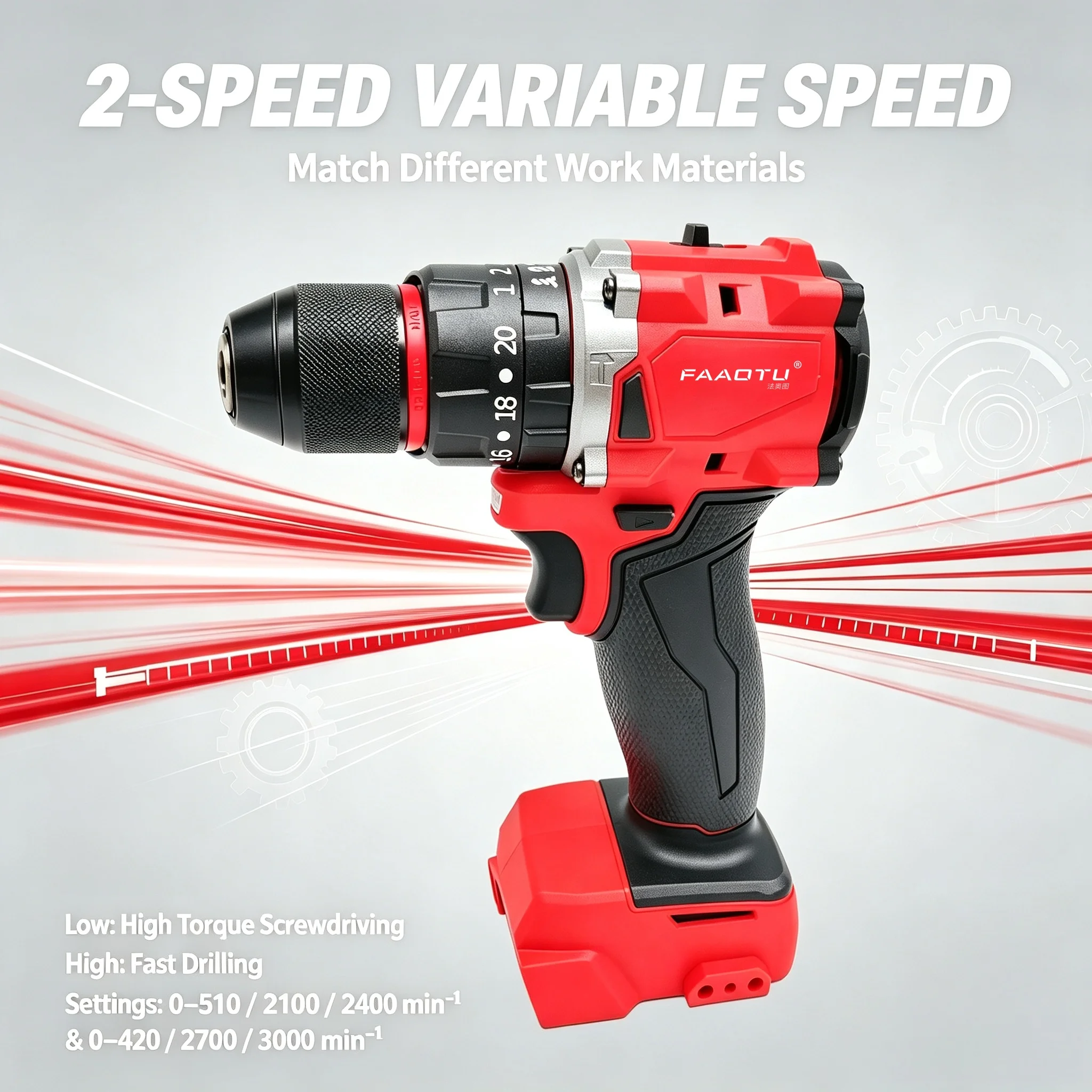 FAAOTU 18V Brushless Cordless Impact Drill, 20+2 Torque Settings Multifunctional Electric Hammer Power Tool
