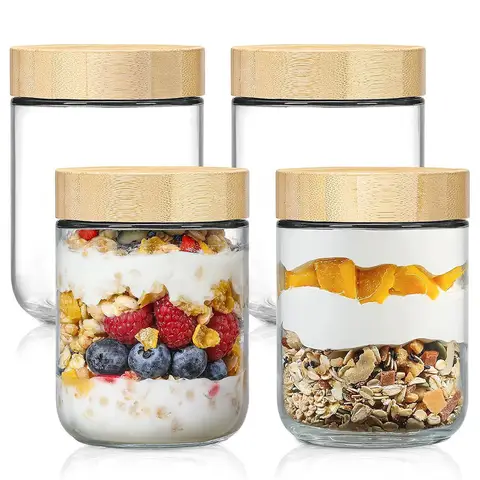 16oz Glass jars with Airtight Lids,Overnight Oats Containers with Bamboo Lids,Wide mouth Mason Salad jars,Food Storage Container