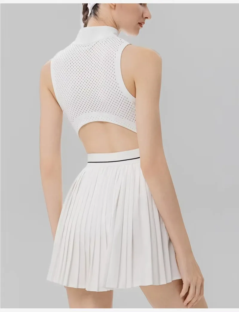Damen-Tenniskleid mit Reißverschluss, Polokragen, integriertem BH und kurzen Ärmeln, atmungsaktives, ärmelloses Golf- und Sportkleid, schnelltrocknend, dehnbar, ideal für sportliche Aktivitäten. – Detail 7