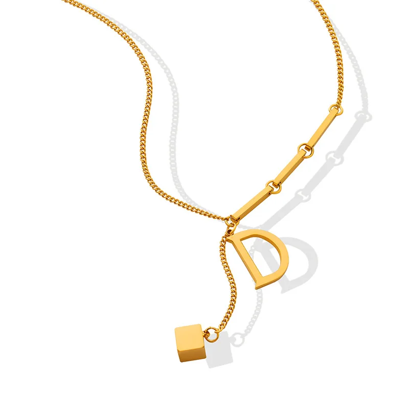 Stainless Steel Letter D Pendant Necklace for Women Long Tassel Cube Charm Y-Shape Clavicle Chain Elegant Party Jewelry 2026