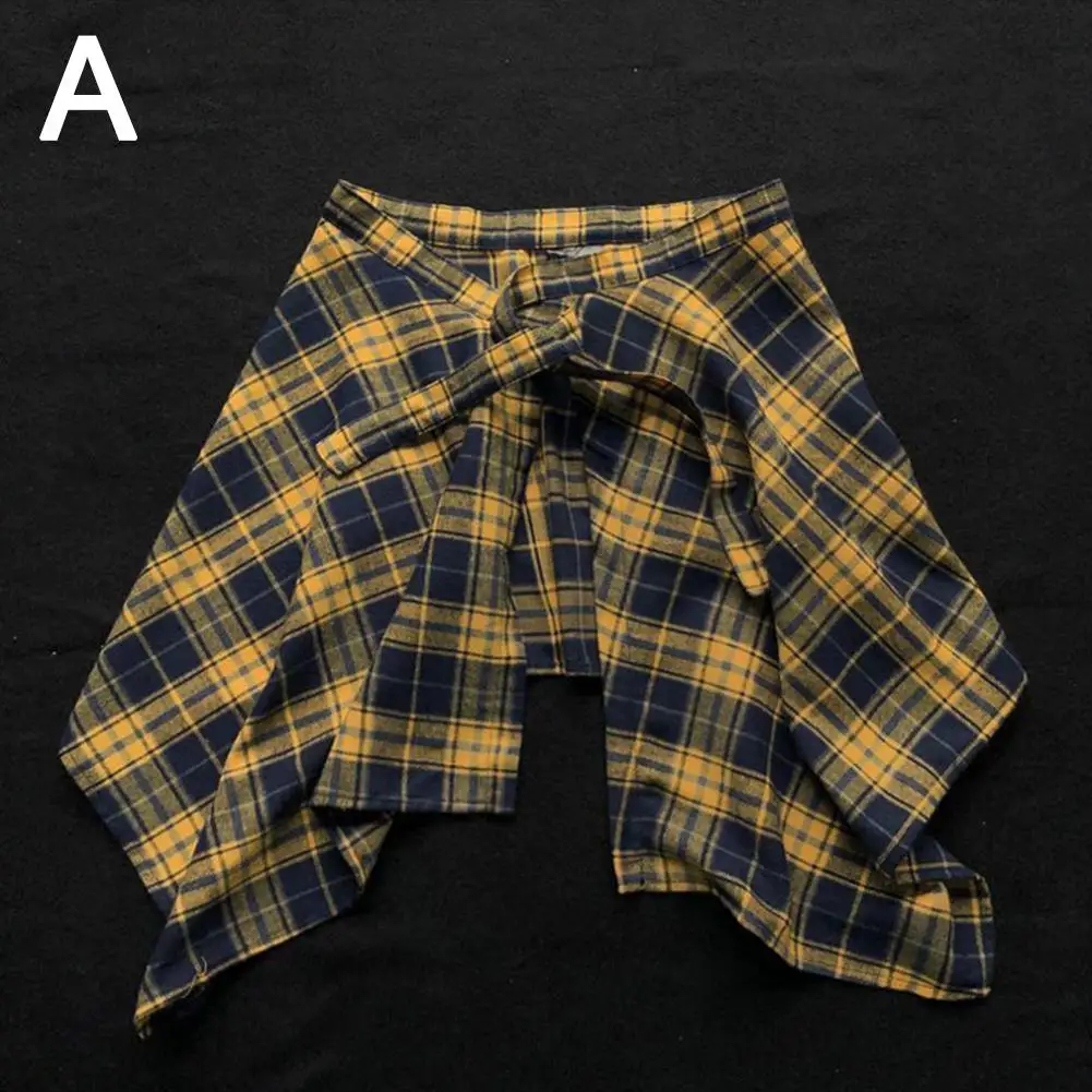 Lässiger Unisex-Rock mit unregelmäßigem Karomuster, Schleifenknoten, elastischer Taille, Hemdstil, blau-weißes Gittermuster, Mini-A-Linien-Kurzrock – Detail 6