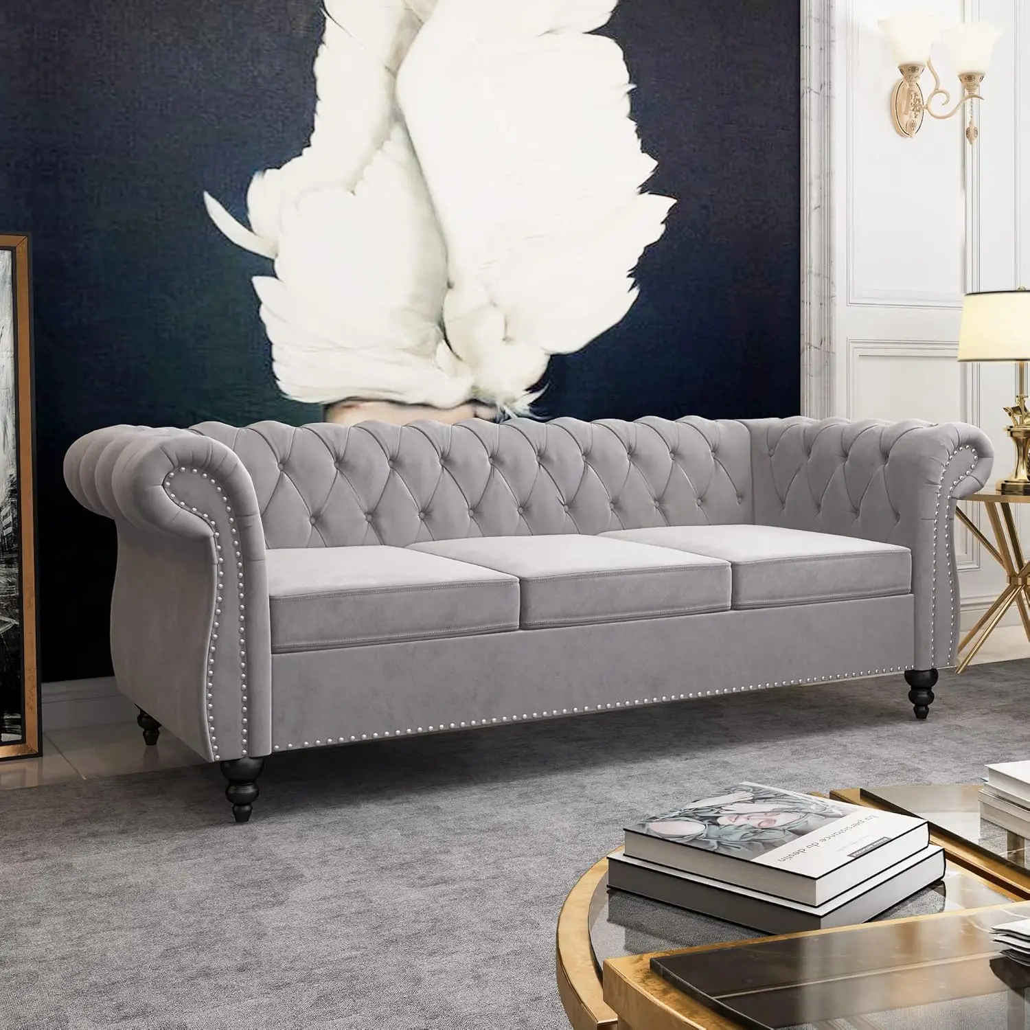 Living Room Set, Velvet Chesterfield Sofa Couch Chair with Scroll Arms and Nailhead for Living Room, Office