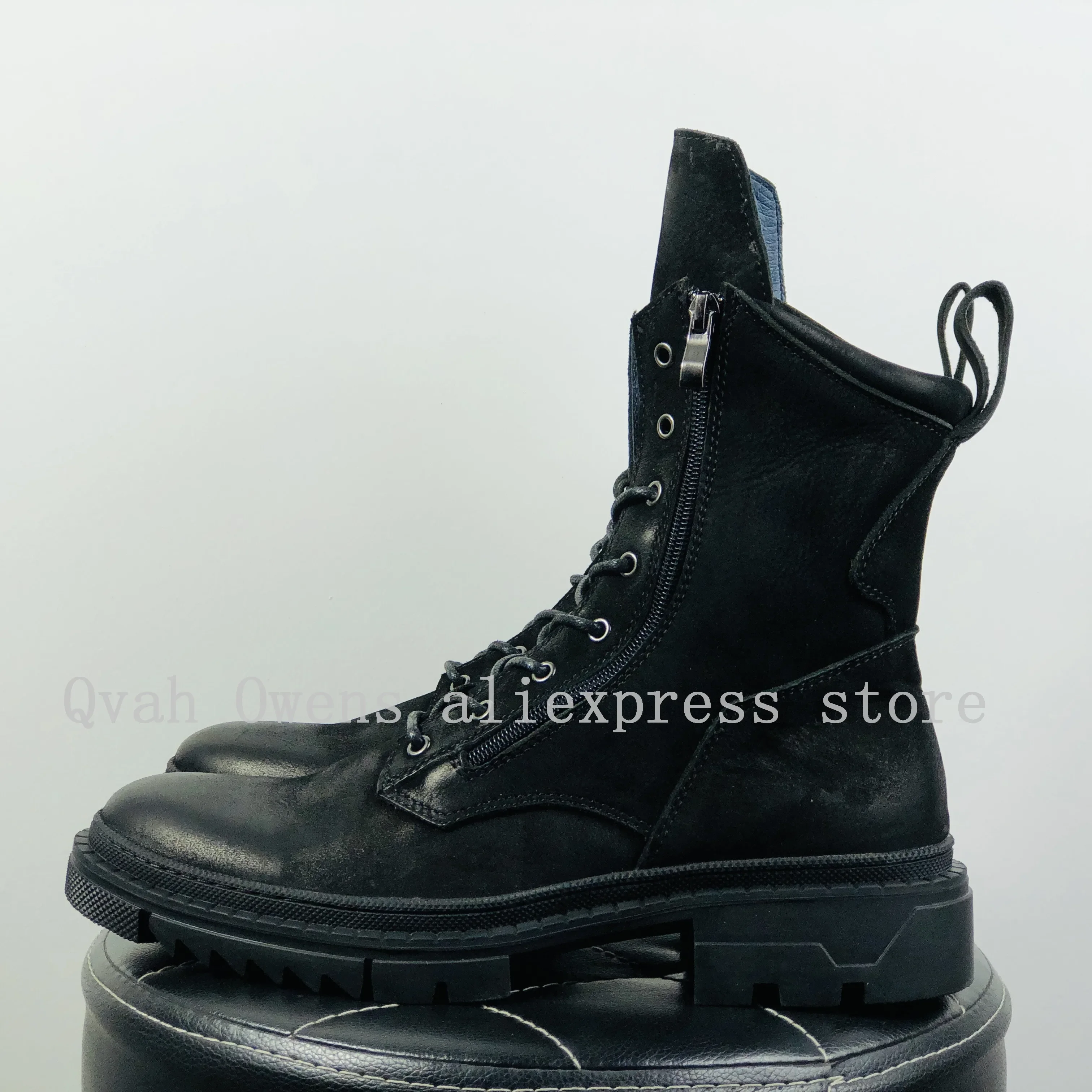 Owen Seak Men High Top Boots Genuine Leather Luxury Trainers Lace Up Riding Sneakers Zip High Street Autumn Flats Black Shoes