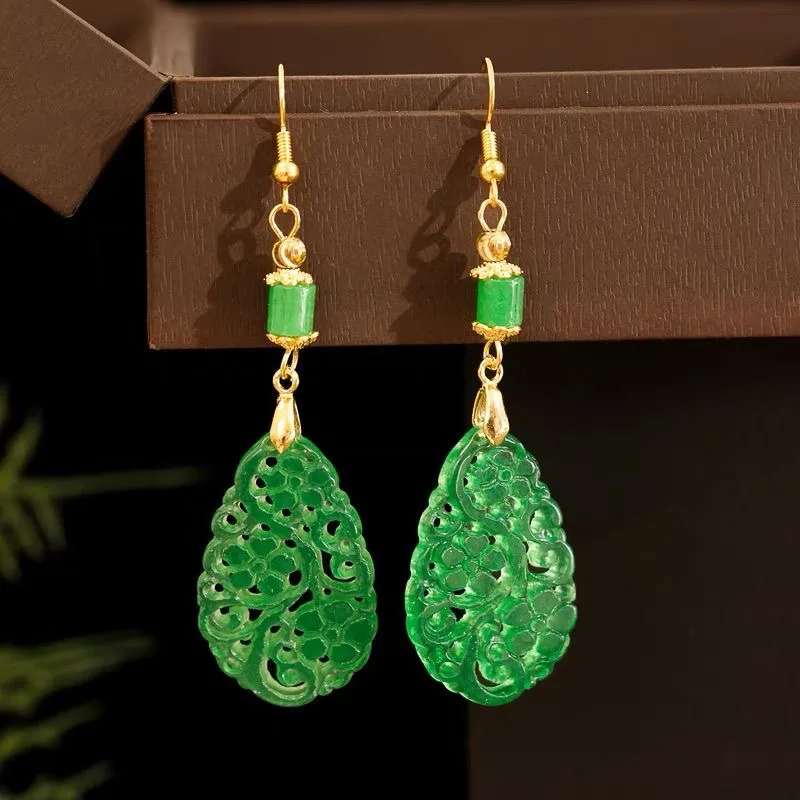 

925 Silver Natural Green Jade Hollow Out DIY Phoenix Earrings Charm Jewellery Fashion Accessories Hand-Carved Woman Amulet Gifts