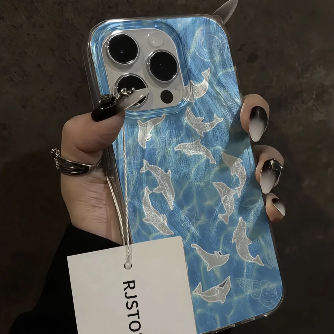 Funda para IPHONE 16, 15, 14, 13, 12, 11 PRO MAX, 7, 8 PLUS, X, XR, XS MAX, hilo de plumas de delfín de natación, borde suave, anticaída y a prueba