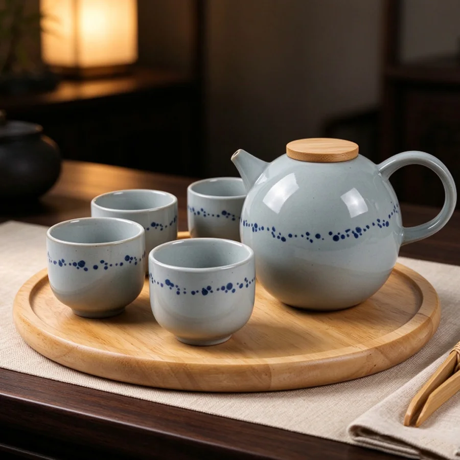 Light Grey Ceramic Teaware 6-Piece Set, Blue Dot Pattern Teapot, 4 Tea Cups & Round Wooden Tray, Home Tea Party Gift