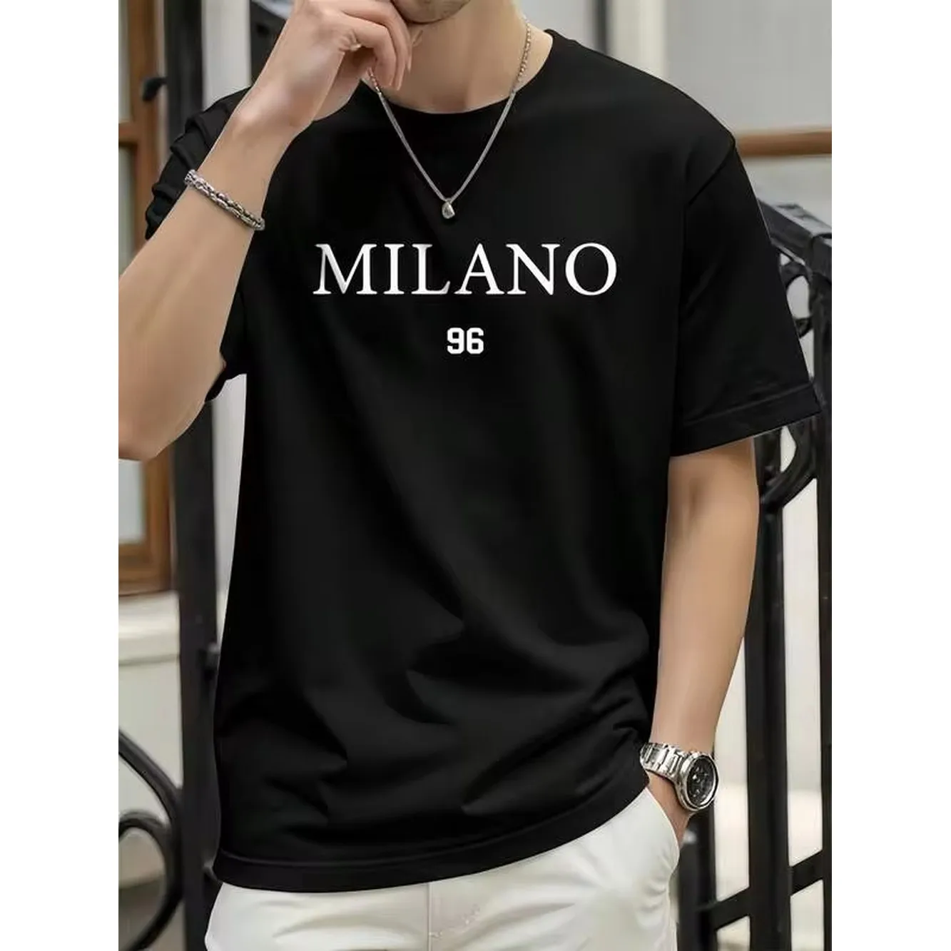 1pc Man' Milano 96 Letter Print Black TShirt Crew Neck Casual Cotton Tee Medium Stretch Knit Fabric Regular Fit For Boys Man Perfect For //