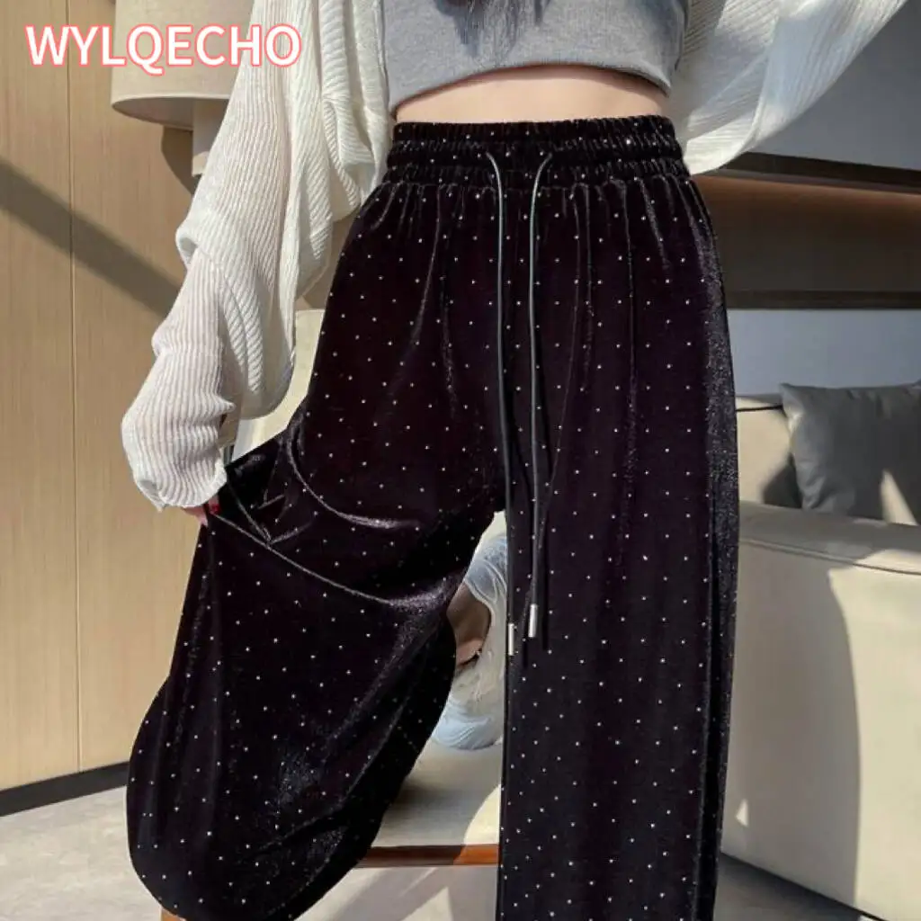 2024 Women Velvet Hot drilling Pants Spring Summer Elastic Waist Stright Long Wide leg pants Casual Female Loose Pants Trousers