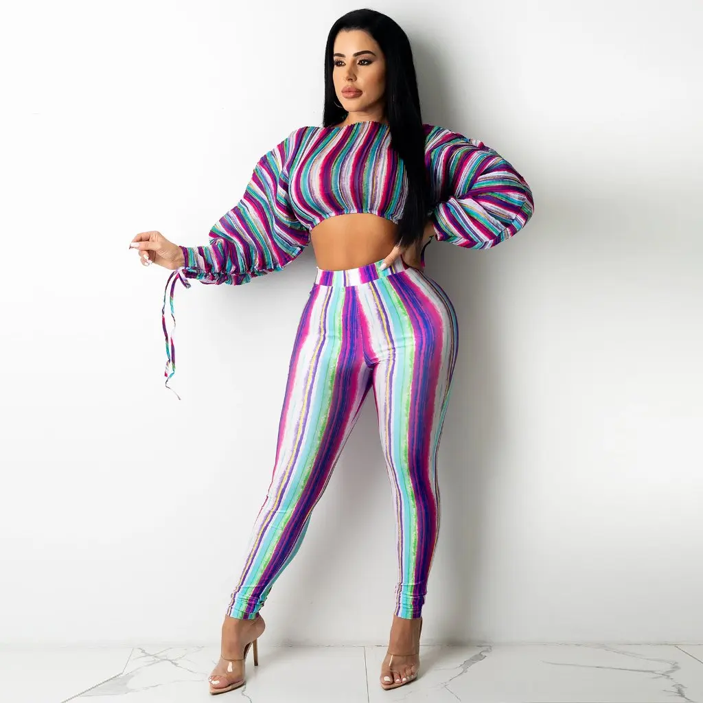 

European And American Style Women's Stripe Printed Drawstring Short Top Long Sleeve Two-Piece Set Sexy Navel Design