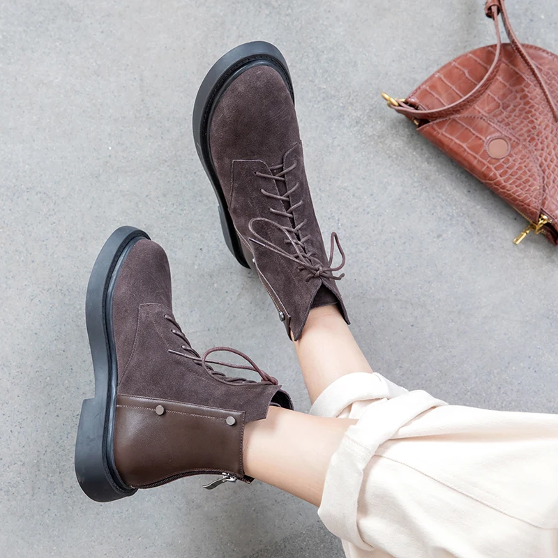 Bottines à plateforme en cuir naturel pour femmes, cuir de vache et daim, bretelles croisées, résilience, automne et hiver 2022, 22-25cm