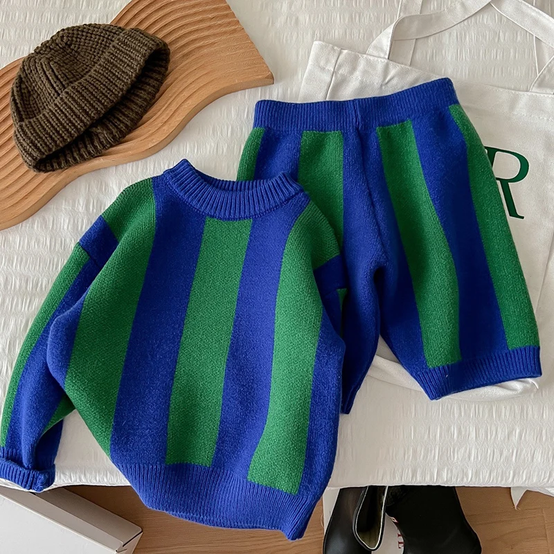 Spring Autumn 1-7Yrs Children Knitted Clothes Set Long Sleeved Striped Pullover Sweater+Shorts Baby Boys Girl Clothes Suit