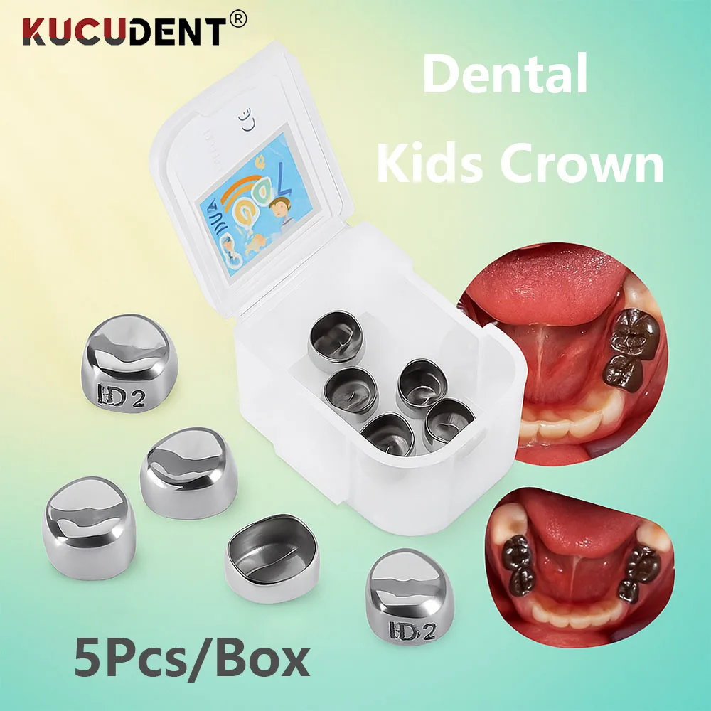 

5Pcs/Box Dental Kids Crown Primary Molar Teeth Refill Temporary Crowns Stainless Steel Pediatric Dentist for Left/Right 1st 2nd