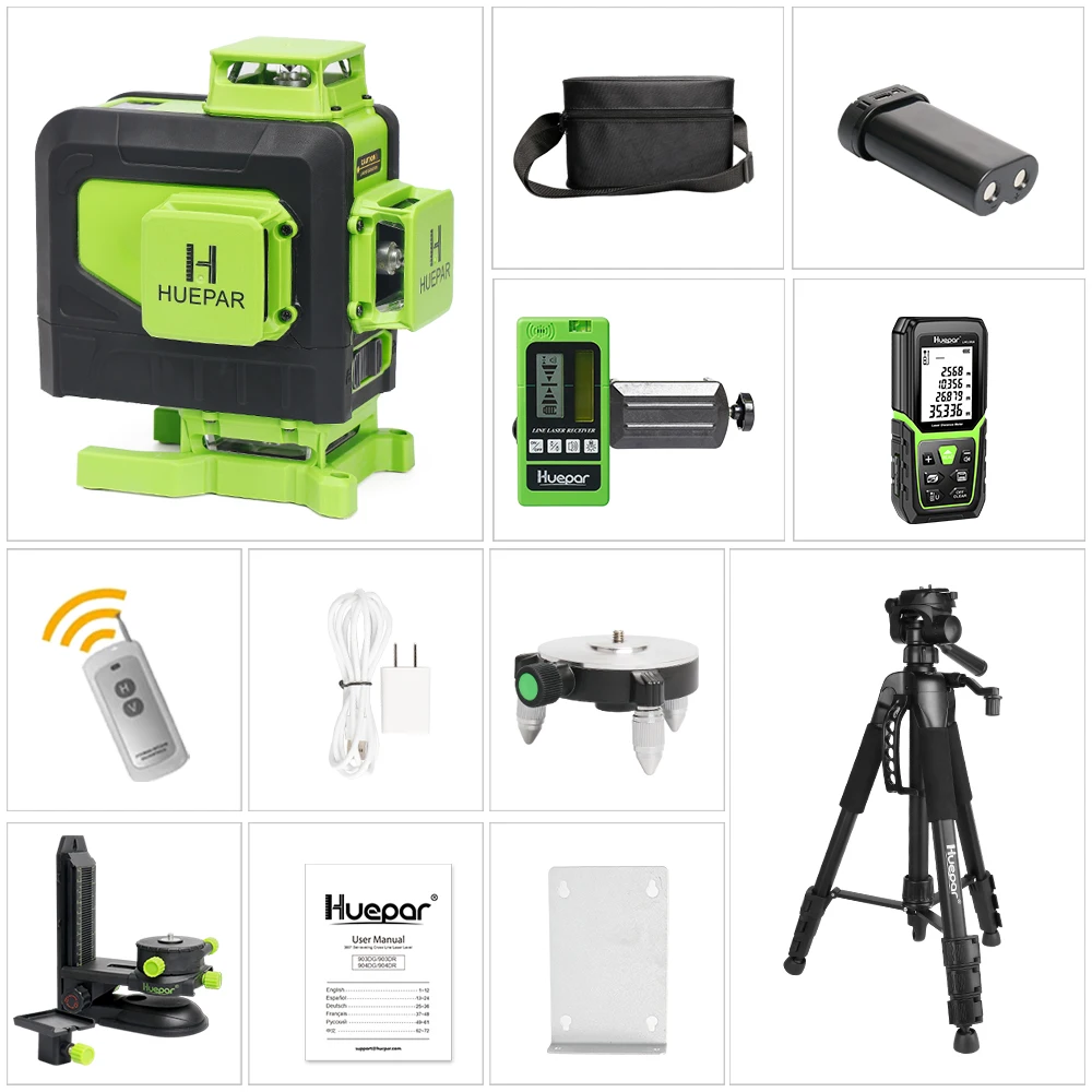Huepar 4D 16 Lijnen Kruislijnlaser Groene Beam Lijnen Multi Functie & Afstandsbediening Met Li-Ion Batterij Voor tegels Vloer