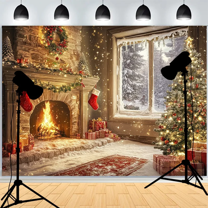 Fireplace Christmas Day Wreach Window Photography Backdrops New Year Living Room Portrait Holiday Party Photo Background DD-22
