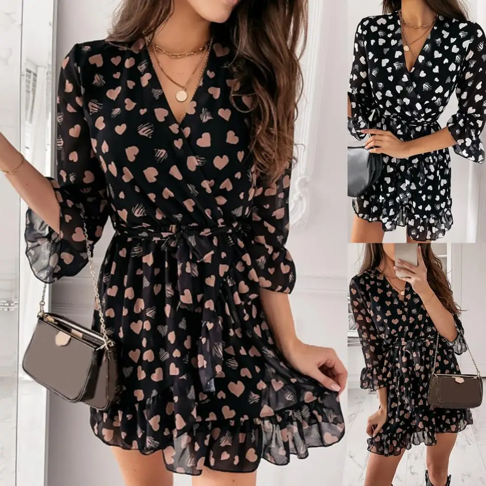 Summer Dress Women Long Sleeve Sexy Flower Printed Mini Dresses Ladies Casual V-Neck Short Dresses