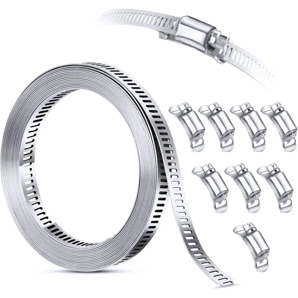 304 Stainless Steel Hose Clamp Assortment Kit DIY Cut-To-Fit 30M Metal Strap with 20 Stronger Fasteners Large Adjustable Worm