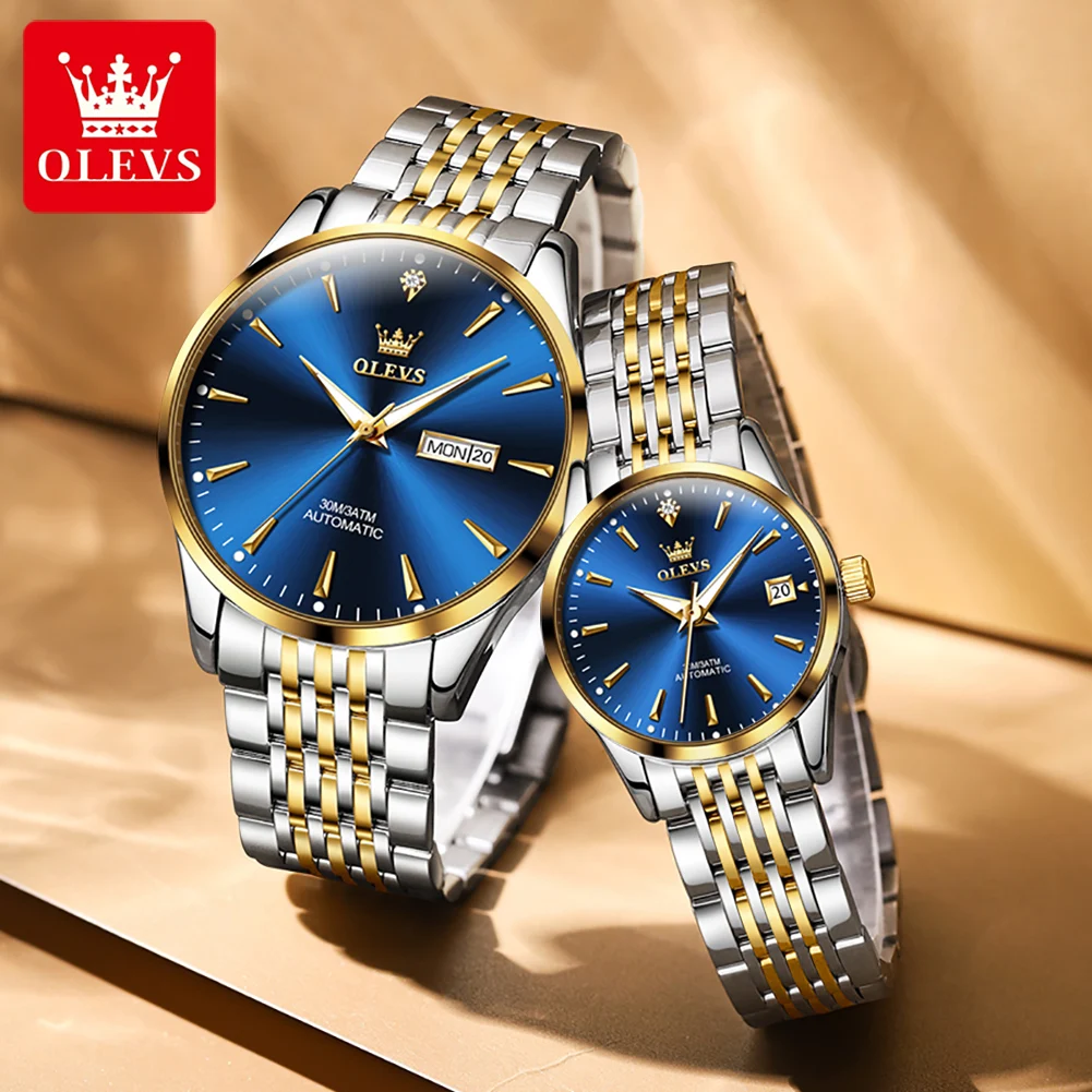 OLEVS New Luxury Couple Mechanical Watch Stainless Steel Strap Waterproof Week Calendar Luminous Fashion Casual Automatic Watch