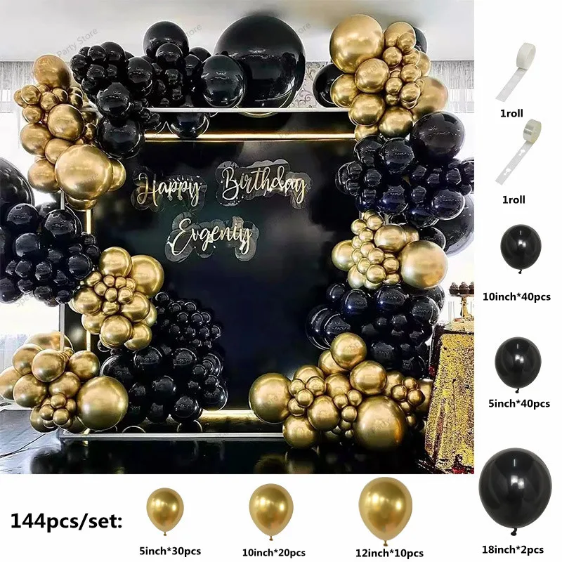 144pcs Black Gold Balloon Garland Arch Kit Chrome Latex Air Globos 30th 40th 50th Birthday Party Baby Shower Decoration Supplies