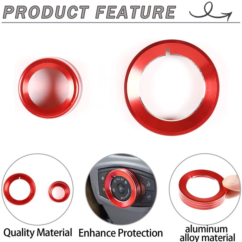 لفورد رينجر 2015-2021 مفتاح المصباح/4WD مقبض حلقة غطاء الكسوة أجزاء الديكور اكسسوارات سبائك الألومنيوم (الأحمر) #2
