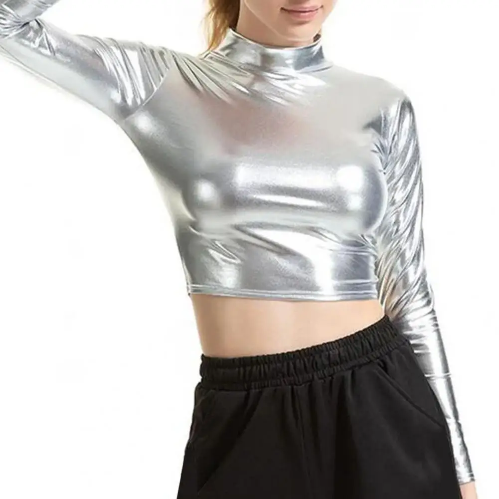 Glossy T-shrit Stylish Half-high Collar Glossy Crop Top for Women Solid Color Pullover with Skinny Waist-exposed Design for Lady