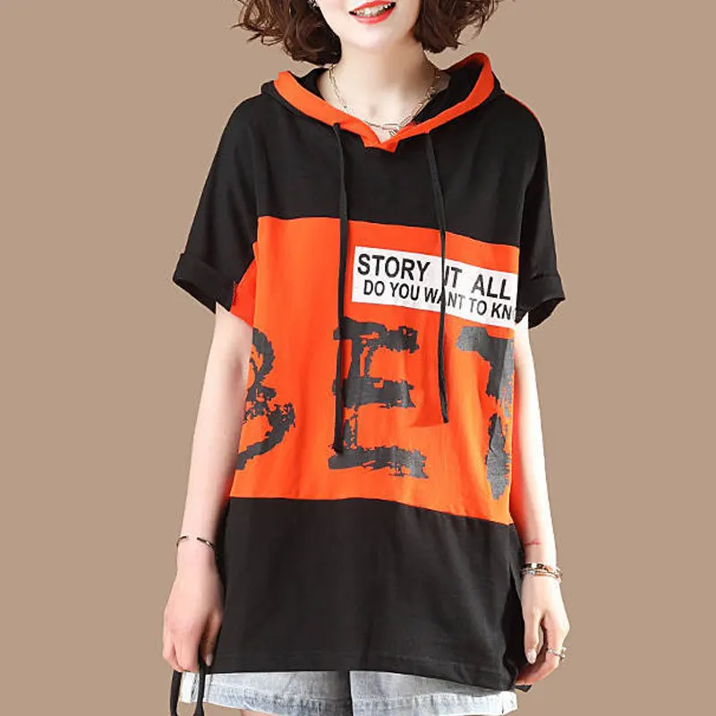 Stylish Letter Printed Casual Hooded T-shirt Korean Loose Drawstring Female Clothing Short Sleeve Summer Streetwear Pullovers