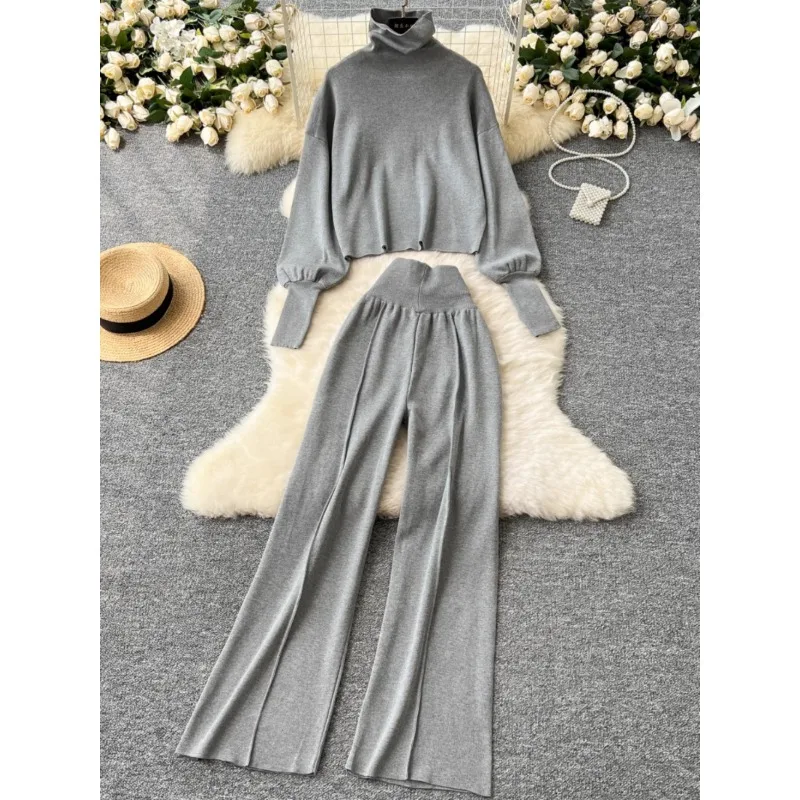 Sweater Women Autumn Winter Wear Two-piece Set Lazy Style Turtleneck Lantern Sleeve Knitted Sweater High Waist Wide Leg Pants