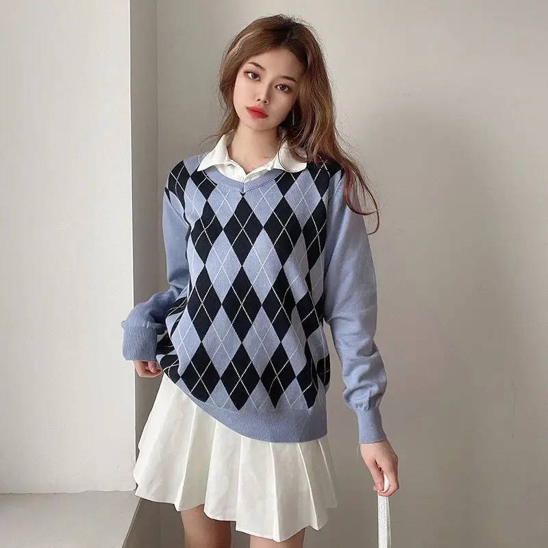 Sweater With Contrasting Color Geometric Rhombus Pattern For European American Loose Slimming And Versatile College Style Top