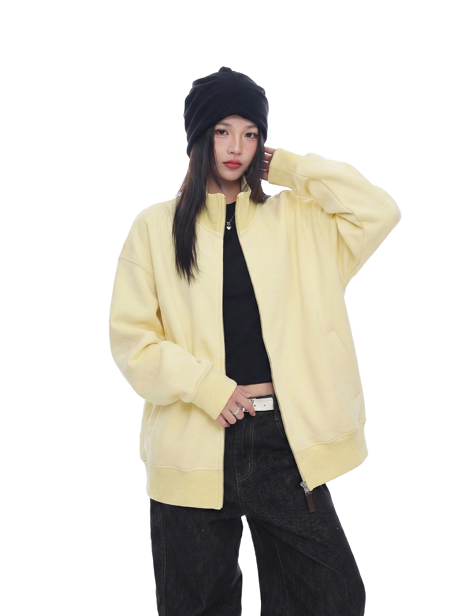 

Yellow Zipper American Style Stand Collar Sweatshirt Women's Spring Autumn Loose Casual Outerwear Oversize Top