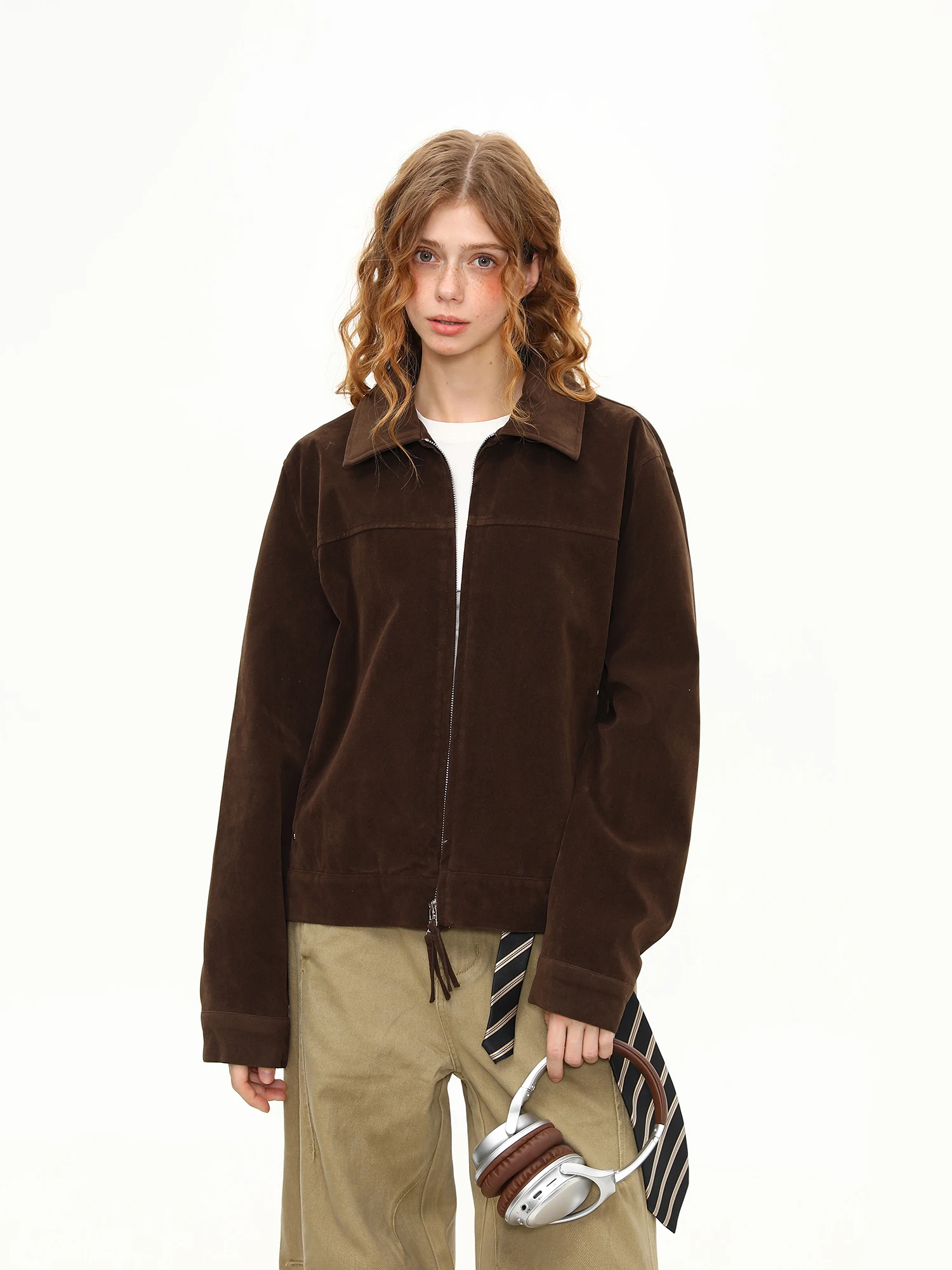 

Женская модная верхняя одежда: свободная куртка из вельвета и кожи с воротником в стиле Wild Ancient Coin, универсальная, для уличного стиля