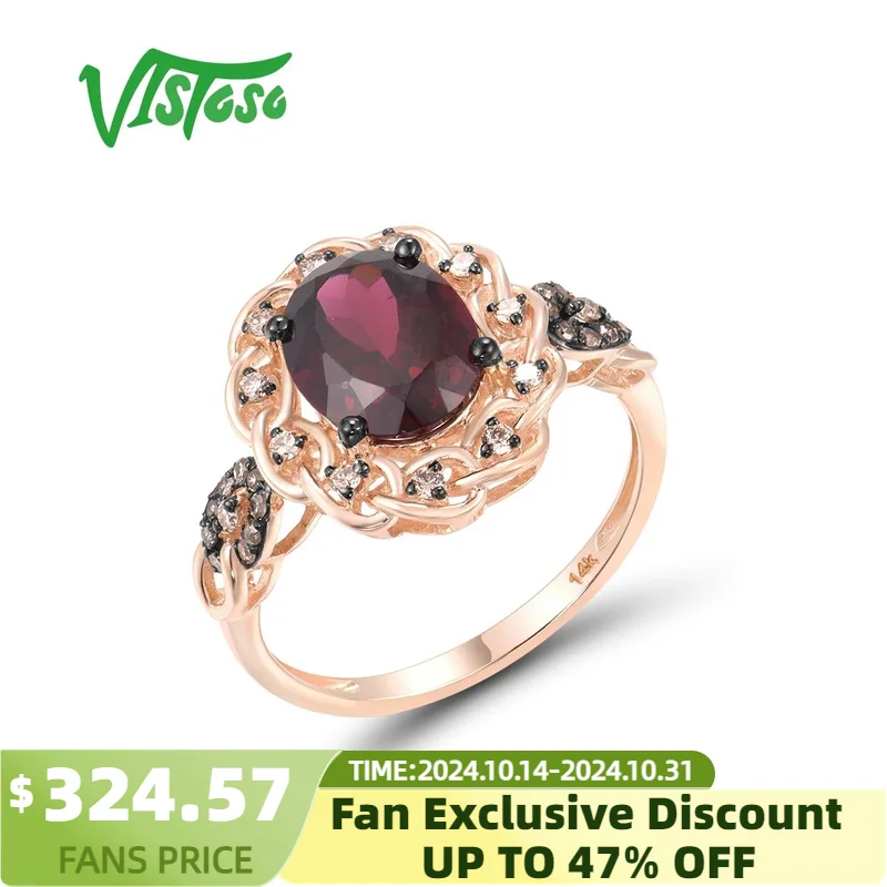 

VISTOSO Pure 14K 585 Rose Gold Ring For Women Sparkling Rhodolite Garnet Brown Diamond Solitaire Ring Gorgeous Fine Jewelry